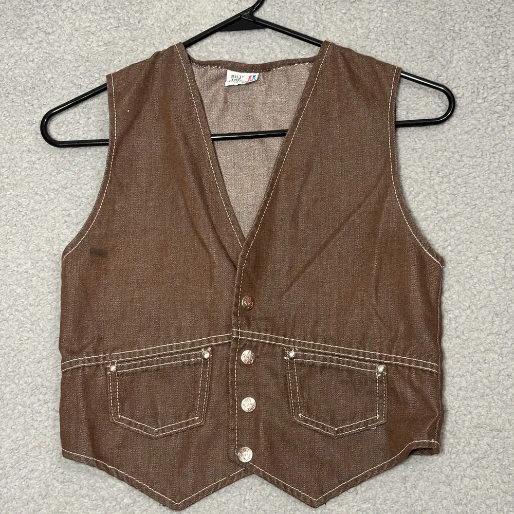 Billy the Kid Vintage Kids Brown Denim Western Vest Size 16 Button Front USA